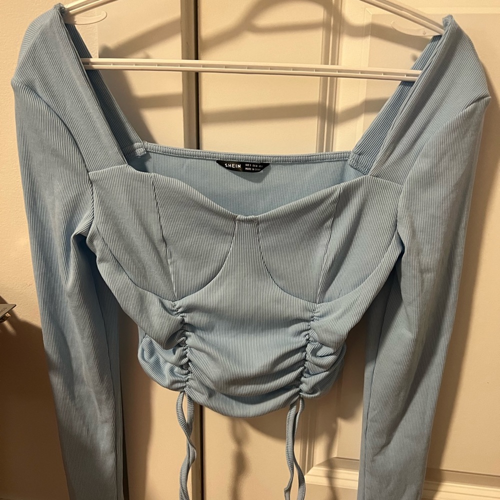 Shein Blue Cropped Long Sleeve Shirt